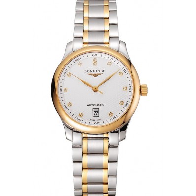 1:1 Swiss Longines Master White Dial Diamond Hour Markers Two Tone Stainless Steel Bracelet 1453930