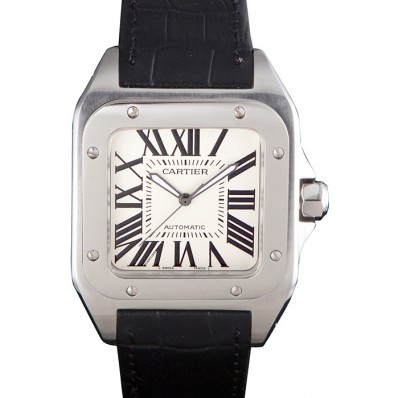 AAA Imitation Swiss Cartier Santos Stainless Steel Bezel with Black Leather Strap 621524