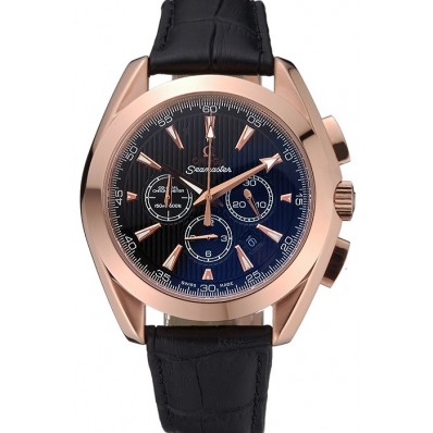 AAA Omega Seamaster Aqua Terra Chronograph Black Dial Gold Case Black Leather Bracelet 622532
