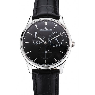 AAA Swiss Jaeger LeCoultre Master Ultra Thin Reserve De Marche Black Dial Stainless Steel Case Black Leather Strap
