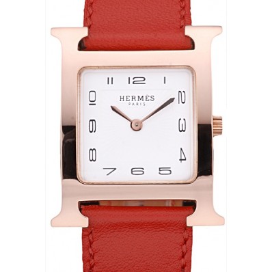 AAAAA Hermes Heure H Rose Gold Bezel Red Leather Strap White Dial 80233