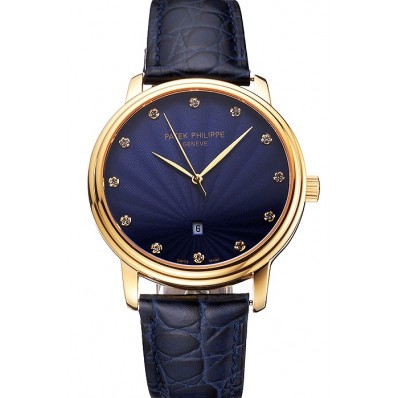 AAAAA Patek Philippe Calatrava Date Blue Guilloche Dial Gold Case Blue Leather Strap