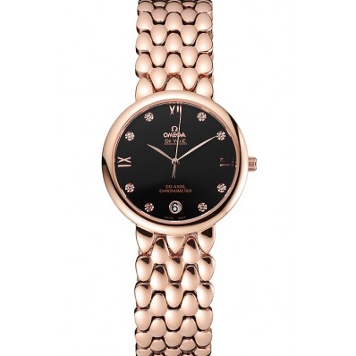 AAAAA Replica Omega De Ville Prestige Black Dial With Diamonds Rose Gold Case And Bracelet