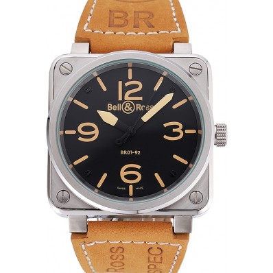 Bell and Ross BR 01-92 Black Dial Silver Case Gold Numerals Brown Leather Strap
