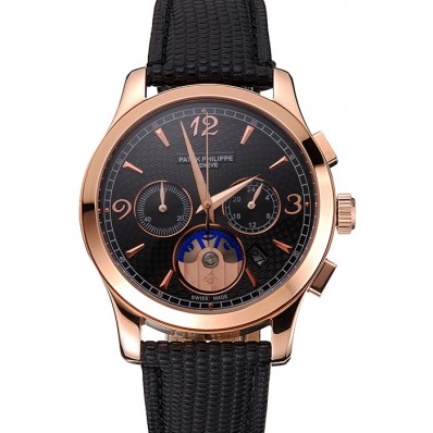 Best Patek Philippe Chronograph Black Guilloche Dial Rose Gold Case Black Leather Strap