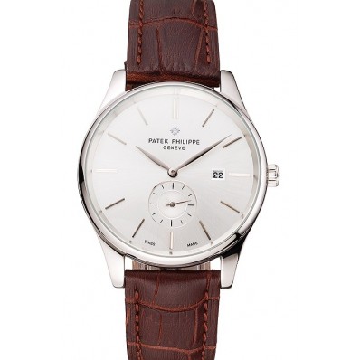Best Quality Patek Philippe Calatrava Date Silver Dial Stainless Steel Case Brown Leather Strap