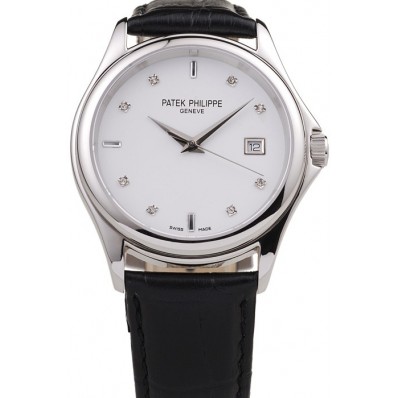 Best Quality Patek Philippe Geneve Calatrava Crystal Studded Hour Marker White Dial Black Leather Strap
