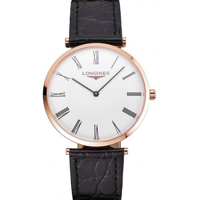Best Swiss Longines Grande Classique White Dial Roman Numerals Rose Gold Case Black Leather Strap