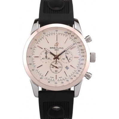 Breitling Transocean White Dial Black Rubber Strap Rose Gold Bezel