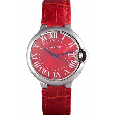 Cartier Ballon Bleu Silver Bezel with Red Dial and Red Leather Band 621556