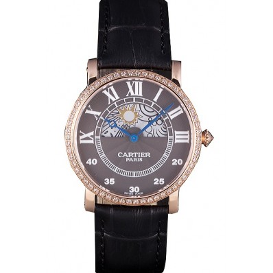Cartier Moonphase Rose Gold Watch with Black Leather Band ct251 621370