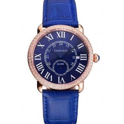 Cartier Ronde Louis Cartier Blue Dial Gold Case Diamond Bezel Blue Leather Strap