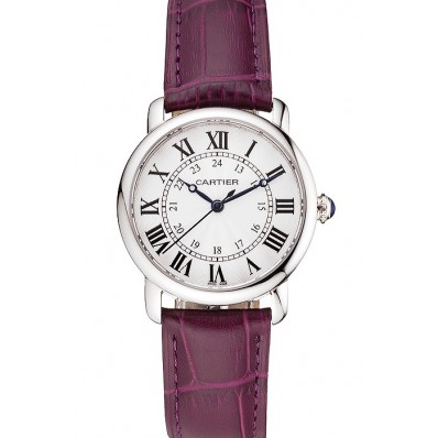 Cartier Ronde White Dial Stainless Steel Case Purple Leather Strap
