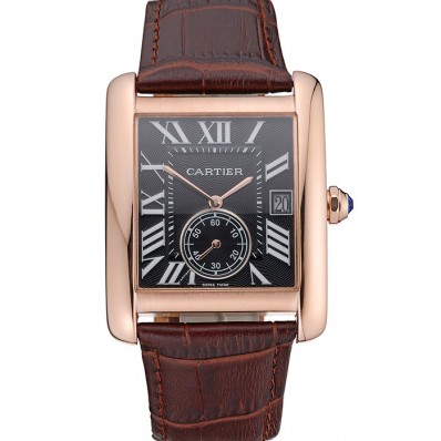 Cartier Tank MC Black Dial Gold Case Brown Leather Strap 622582
