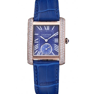 Cartier Tank MC Gold Diamond Case Blue Dial Blue Leather Stap 622171