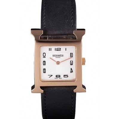 Cheap Hermes Heure H Rose Gold Bezel Black Leather Strap White Dial 80235
