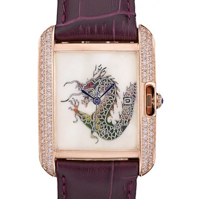 Cheap Replica Cartier Tank Anglaise White Dragon Dial Diamonds Gold Case Purple Leather Bracelet