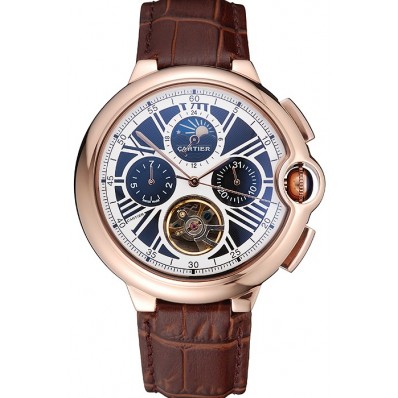 Copy Cartier Ballon Bleu Flying Tourbillon Chronograph White Dial Rose Gold Case Brown Leather Strap