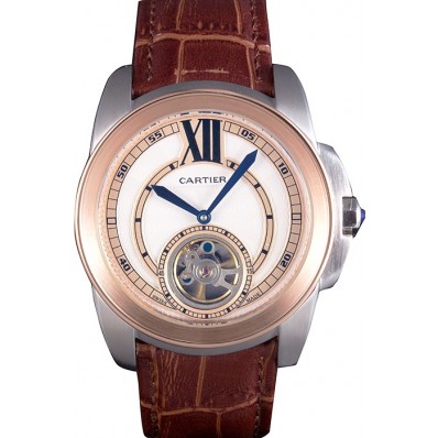Copy Cartier Calibre Flying Tourbillon White Dial Two Tone Case Brown Leather Bracelet