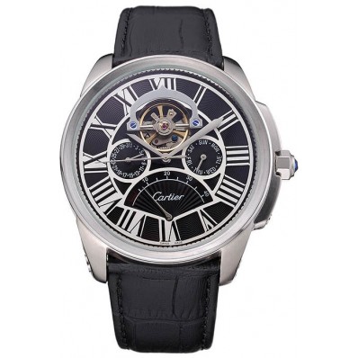 Copy Cartier Calibre Tourbillon Black Dial Stainless Steel Case Black Leather Strap 622752