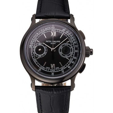 Copy High Quality Swiss Patek Philippe 5170J Chronograph Black Dial Black Case Black Leather Strap