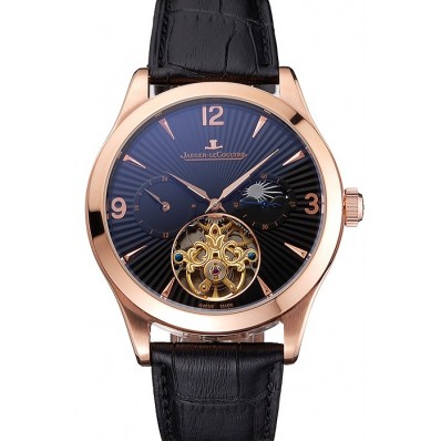 Copy Jaeger LeCoultre Master Moonphase Tourbillon Black Dial Rose Gold Case Black Leather Strap