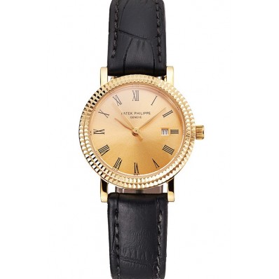 Copy Luxury Patek Philippe Calatrava Gold Dial Roman Numerals Double Ribbed Bezel Gold Case Black Leather Strap