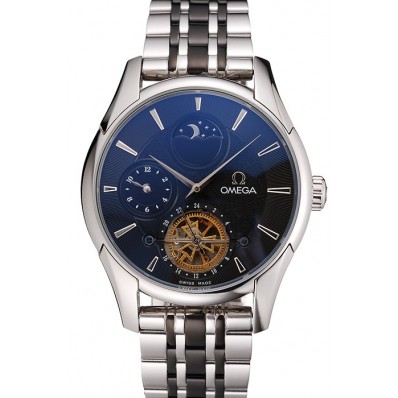 Copy Omega De Ville Moonphase Tourbillon Black Dial Stainless Steel Case Two Tone Black Steel Bracelet