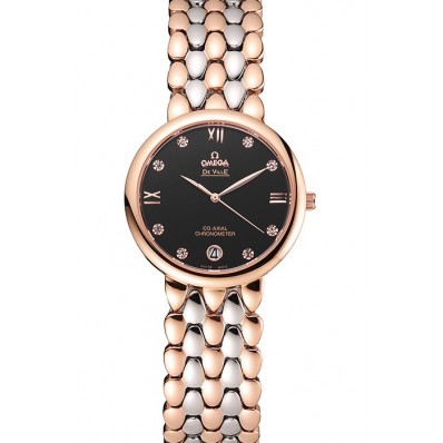 Copy Omega De Ville Prestige Dark Grey Dial With Diamonds Rose Gold Case Two Tone Bracelet