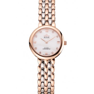 Copy Omega De Ville Prestige No Date White Dial With Diamonds Rose Gold Case Two Tone Bracelet