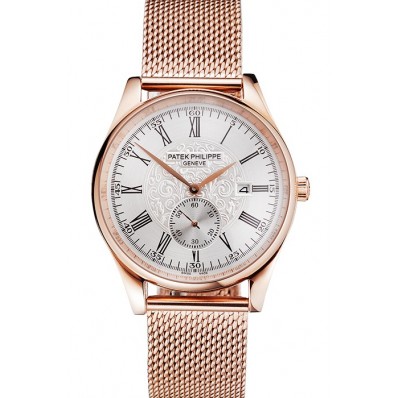 Copy Patek Philippe Calatrava Small Seconds Silver Engraved Dial Rose Gold Case And Bracelet