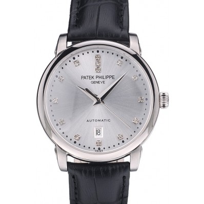 Copy Patek Philippe Swiss Calatrava Polished Bezel Grey Dial Black Leather Strap 7659
