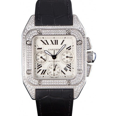 Copy Swiss Cartier Santos Silver Bezel with Diamonds and Black Leather Strap sct44 621528