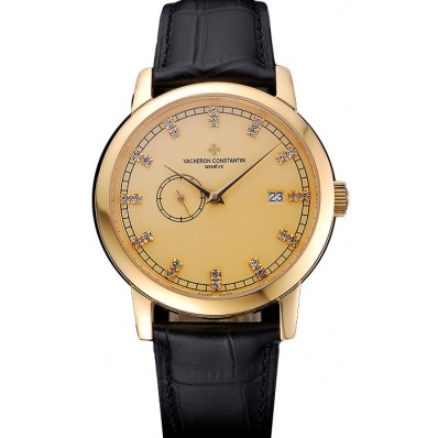 Copy Swiss Vacheron Constantin Patrimony Contemporaine Gold Case Gold Diamond Dial Black Leather Bracelet 622682