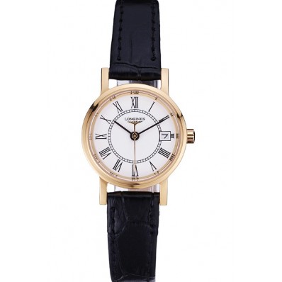 Copy Top Longines La Grande Classique White Round Dial Gold Case Black Leather Band Small 622383