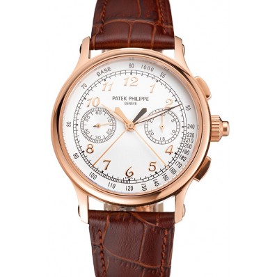 Designer Imitation Swiss Patek Philippe Split Seconds Chronograph White Dial Rose Gold Case Brown Leather Strap