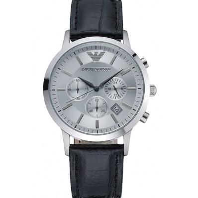 Emporio Armani Classic Chronograph Silver Dial Black Leather Bracelet 622339