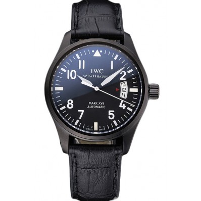 Fake 1:1 Swiss IWC Mark XVII Black Steel Case Black Dial Black Leather Bracelet 622667