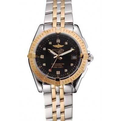 Fake Breitling Colt Lady Black Dial Diamond Hour Marks Gold Bezel Stainless Steel Case Two Tone Bracelet