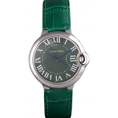 Fake Cartier Ballon Bleu Silver Bezel with Green Dial and Green Leather Band 621553