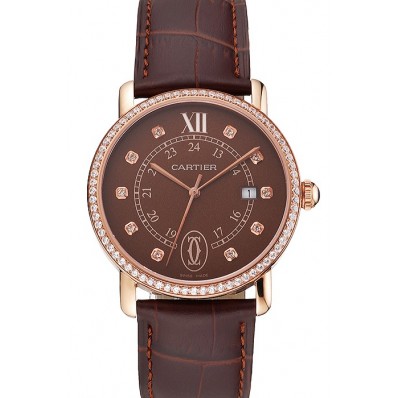 Fake Cartier Ronde Solo Brown Dial Diamond Hour Marks And Bezel Rose Gold Case Brown Leather Strap