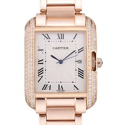 Fake Cartier Tank Anglaise 36mm White Dial Diamonds Rose Gold Case Rose Gold Bracelet