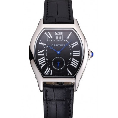 Fake Cartier Tortue Large Date Black Dial Stainless Steel Case Black Leather Strap