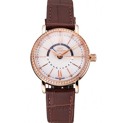 Fake Fashion IWC Portofino Day And Night Silver Dial Rose Gold Case Brown Leather Strap