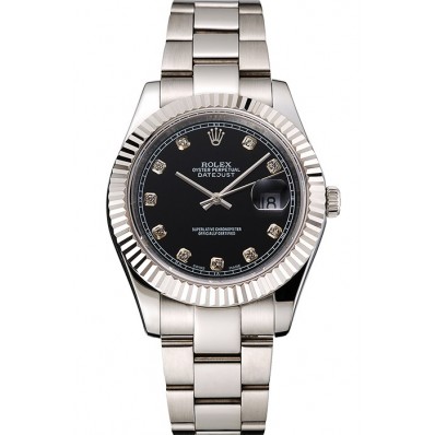 Fake Knockoff Swiss Rolex Datejust Black Dial Dimond Hour Marks Stainless Steel Case And Bracelet