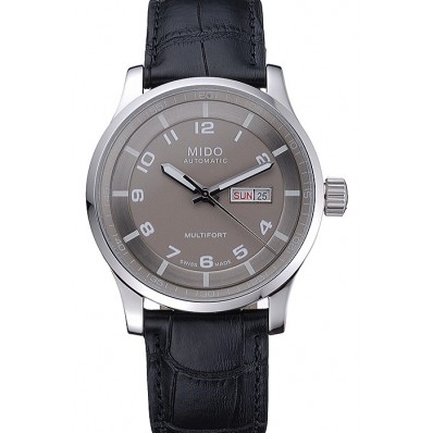 Fake Mido Multifort Grey Dial Black Leather Strap 622179
