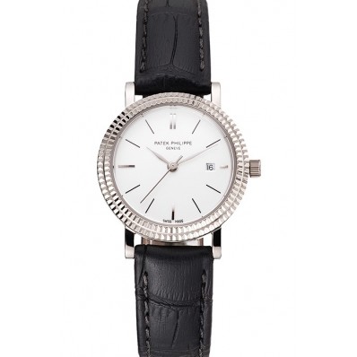 Fake Patek Philippe Calatrava White Dial Double Ribbed Bezel Stainless Steel Case Black Leather Strap