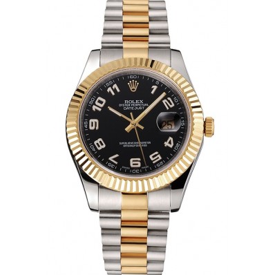Fake Swiss Rolex Datejust Black Dial Gold Bezel Stainless Steel Case Two Tone Bracelet