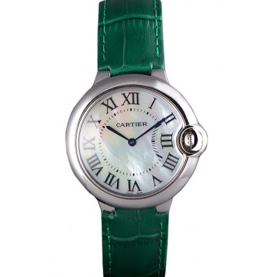 Fashion Imitation Cartier Ballon Bleu Silver Bezel with Pearl Dial Green Leather Band 621552