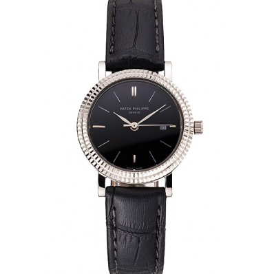 Fashion Replica Patek Philippe Calatrava Black Dial Double Ribbed Bezel Stainless Steel Case Black Leather Strap